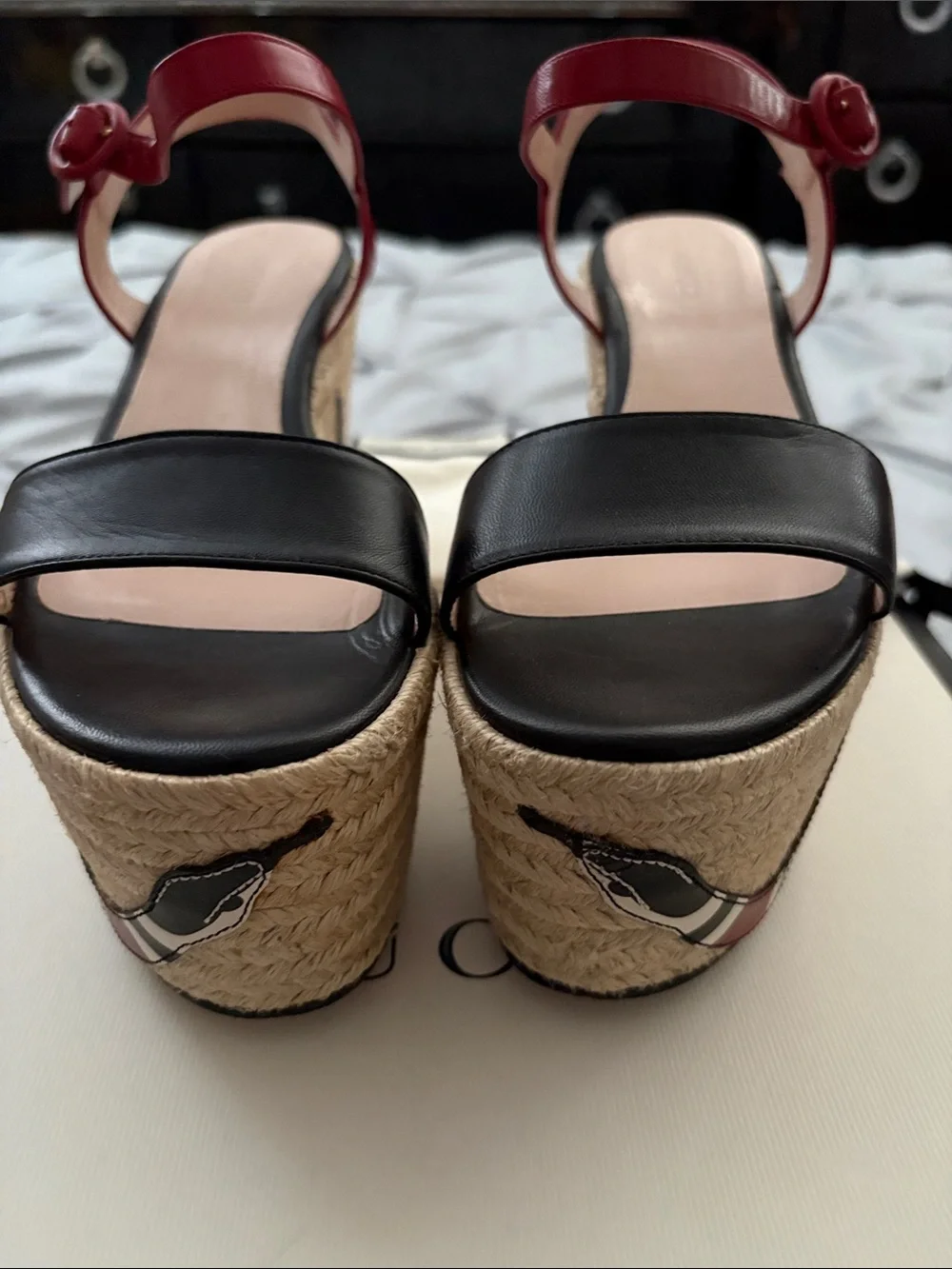 Gucci Black Leather Espadrille Sandals with Red Ankle Straps